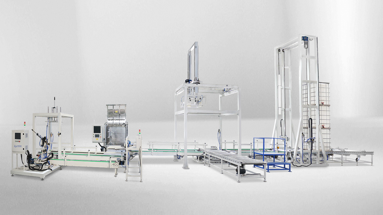 IBC吨桶自动拧阀、测漏、组合装框、码垛流水线