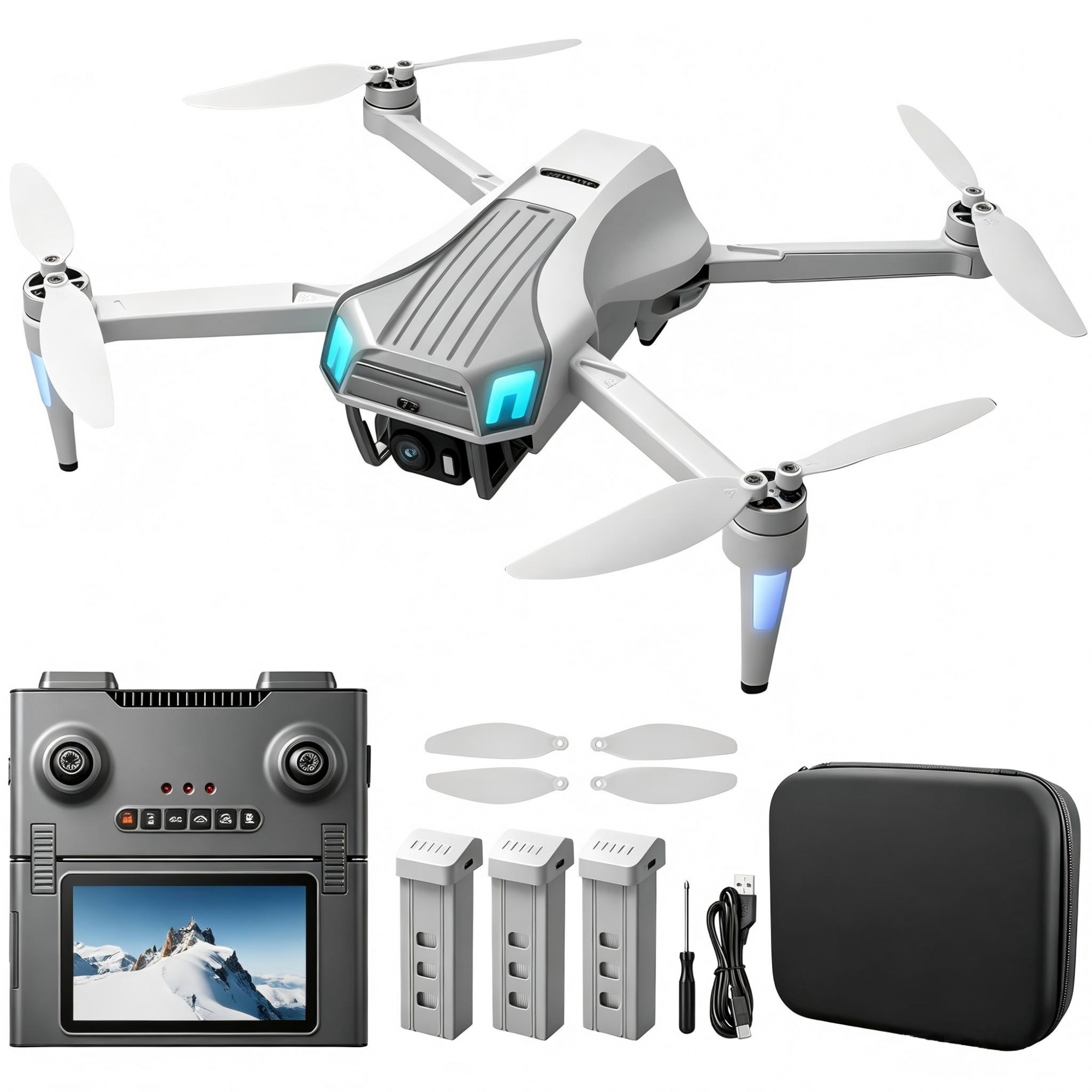 SEREE GPS Drone with Camera 4K HD Optical Flow Positioning Drone 4.5” Touch Screen Foldable FPV Quadcopter, Brushless Motor, 5G WiFi, with 3 Batteries