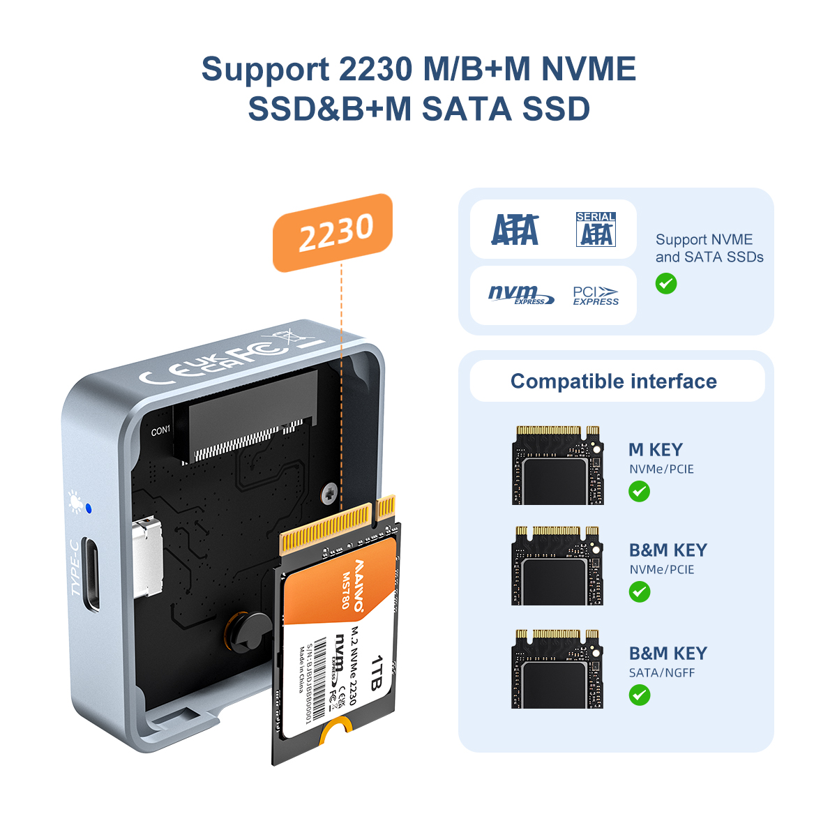 Mini Tool Free Aluminum 2230 NVMe M.2 SSD Enclosure USB C