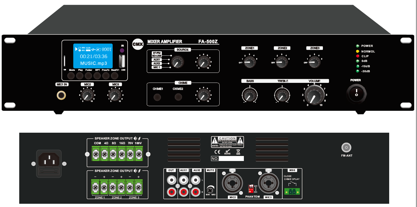 3 Zone Mixer Amplifier with ATT/Mp3/USB/FM/Bluetooth FA-60Z