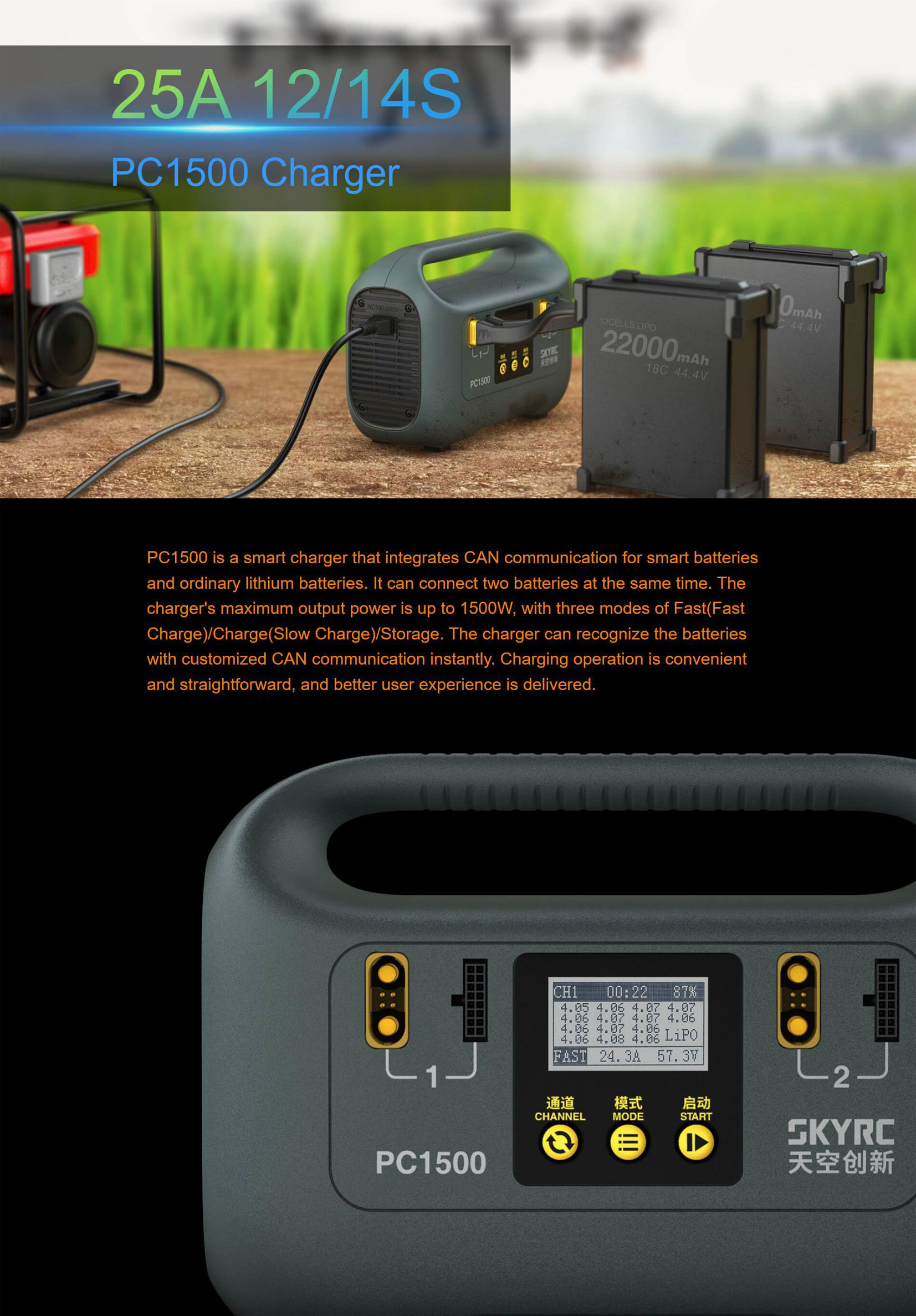PC1500 Dual Lipo Battery Charger 25A 12S/14S 1500W Charger