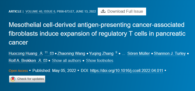 Cancer Cell丨间皮细胞源性抗原呈递的癌相关成纤维细胞在胰腺癌中诱导调节性T细胞扩增
