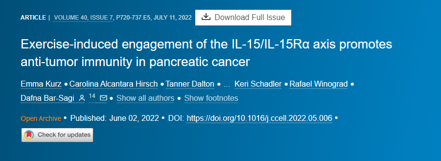 Cancer Cell丨运动诱导的IL-15/IL-15Rα轴接合促进胰腺癌抗肿瘤免疫