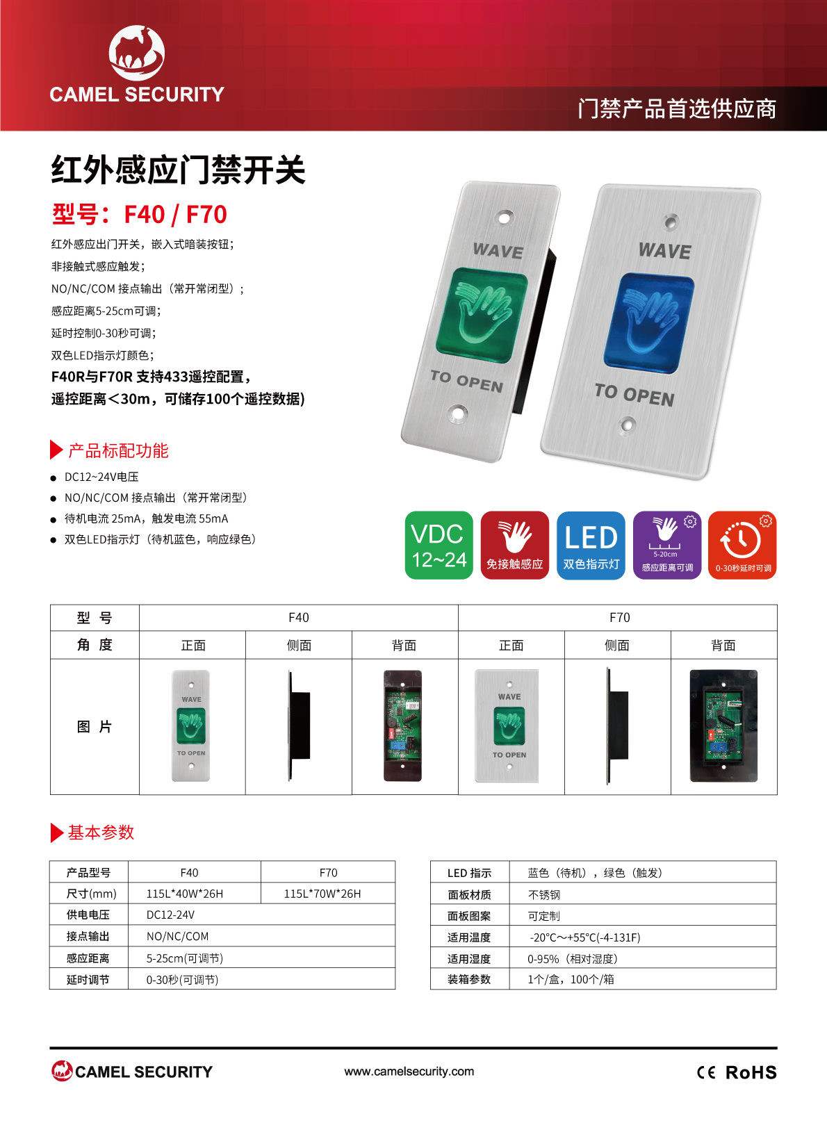 飞骆驼F40红外感应开关_F70门禁感应防水控制器_沙漠之舟门禁开关
