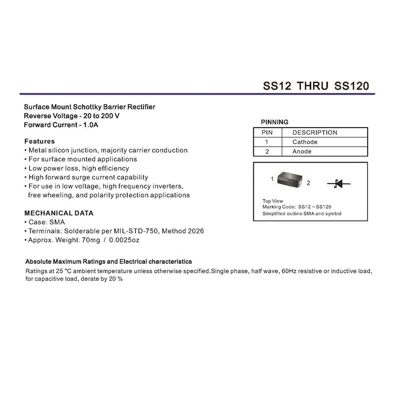 SS12 THRU SS120  SS14 SMA 1N5819 SMA Surface Mount Schottky Barrier Rectifier Reverse Voltage - 20 to 200 VForward Current - 1.0A  Rectifier Diode Semiconductor