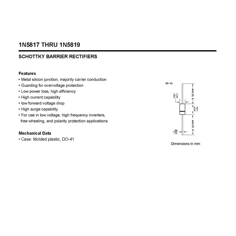 1N5817 THRU 1N5819  DO-41 SCHOTTKY BARRIER RECTIFIERS Diode Semiconductor Diode SS14 SMA  DS14W  B5819W  K14  SOD-123FL