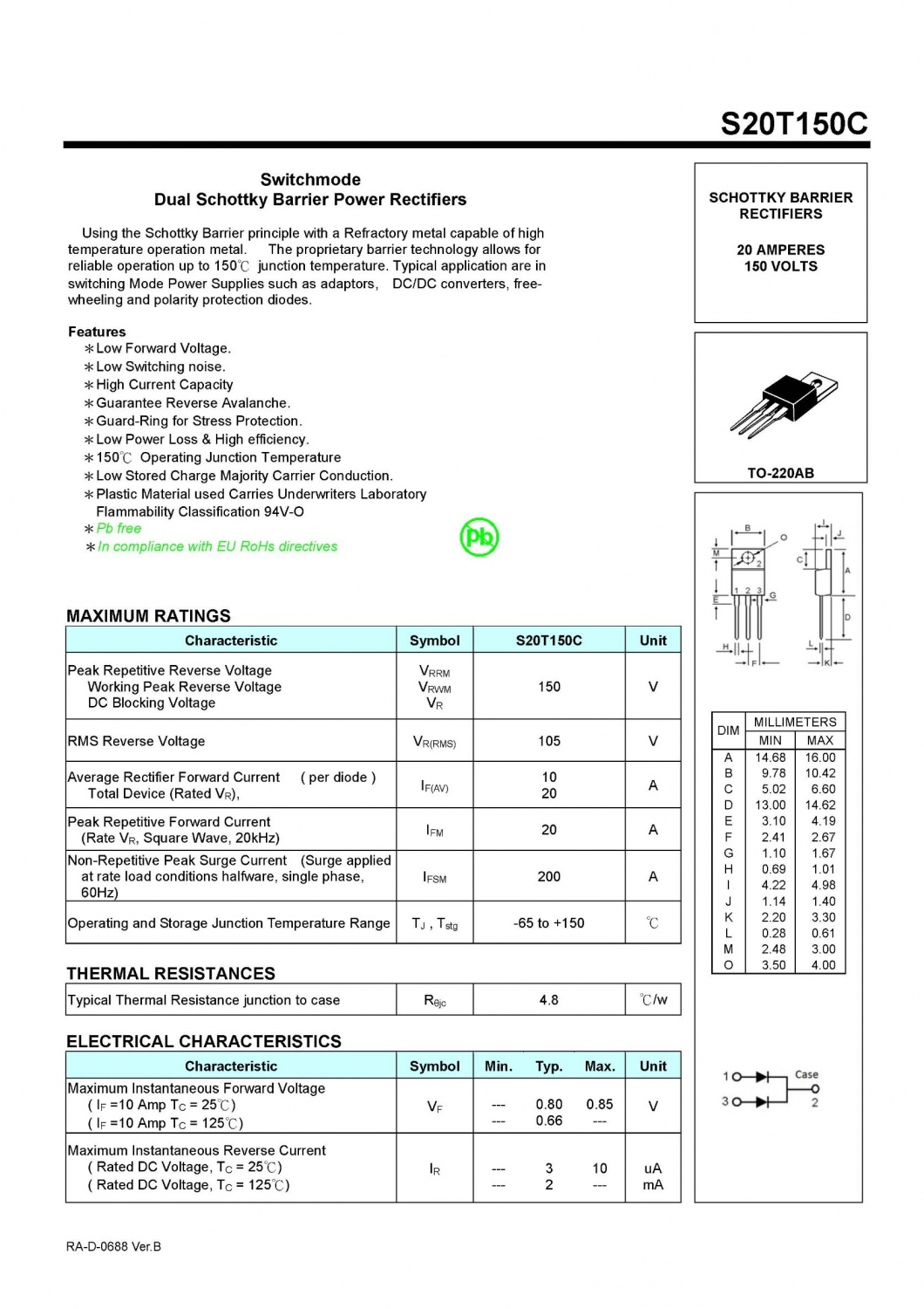 S20T150C TO-220AB Switchmode Dual Schottky Barrier Power Rectifiers
