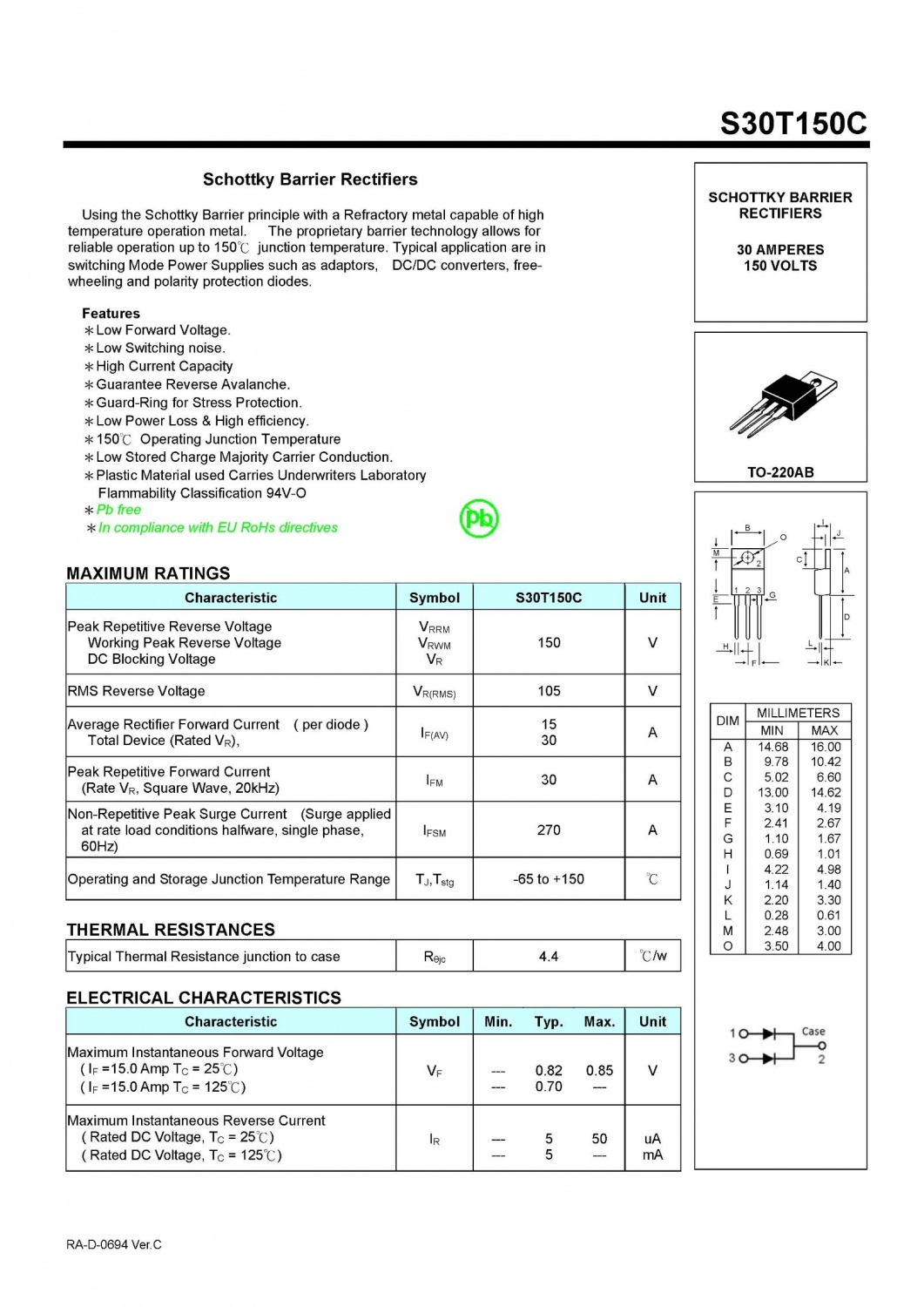 S30T150C TO-220AB  Schottky Barrier Rectifiers