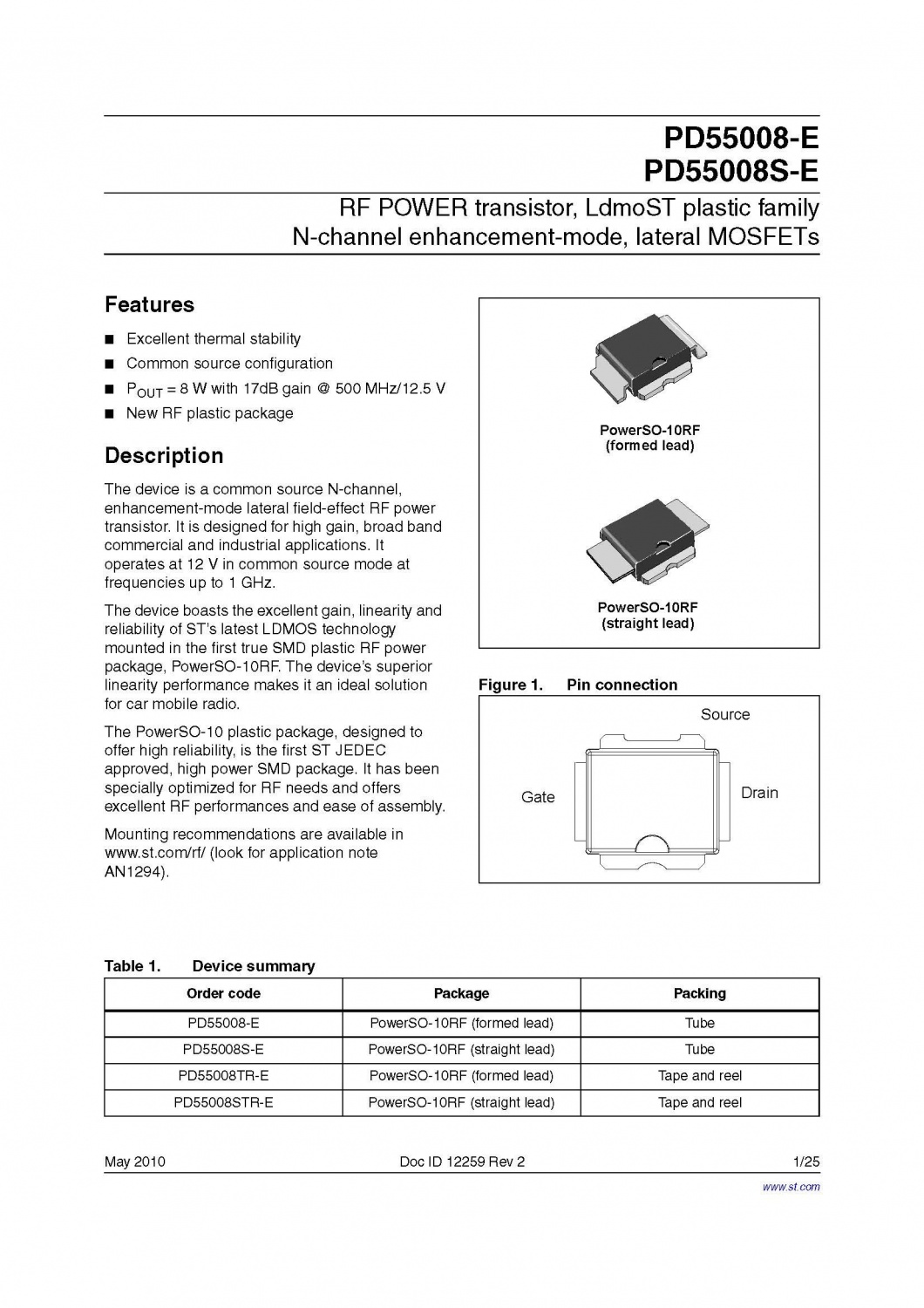 RF POWER transistor, LdmoST plastic family N-channel enhancement-mode, lateral MOSFETs
