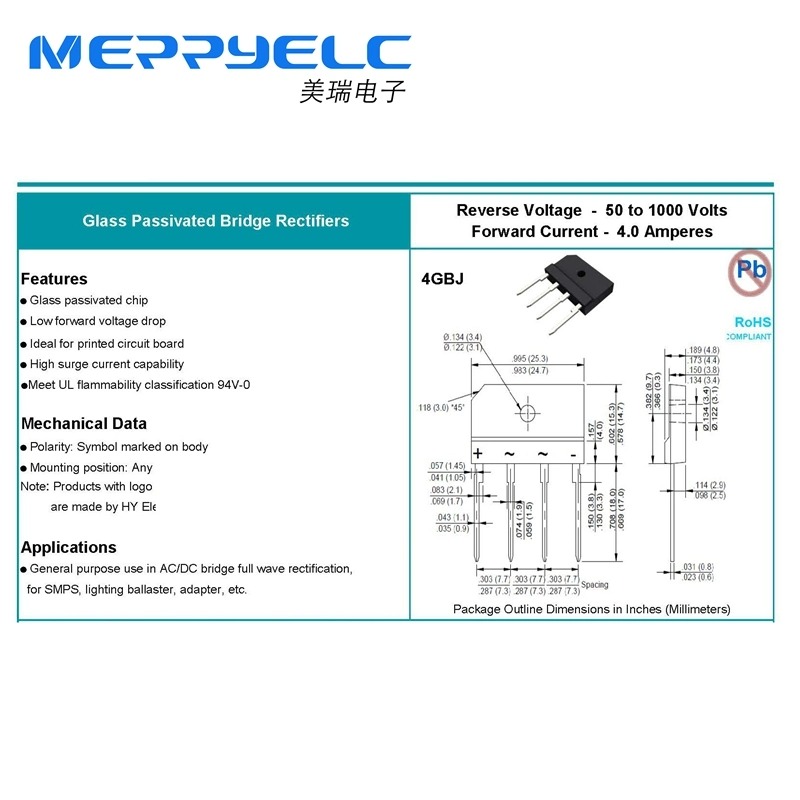 4GBJ6005 THRU 4GBJ610 Reverse Voltage - 50 to 1000 Volts Forward Current - 6.0 Amperes Glass Passivated Bridge Rectifiers