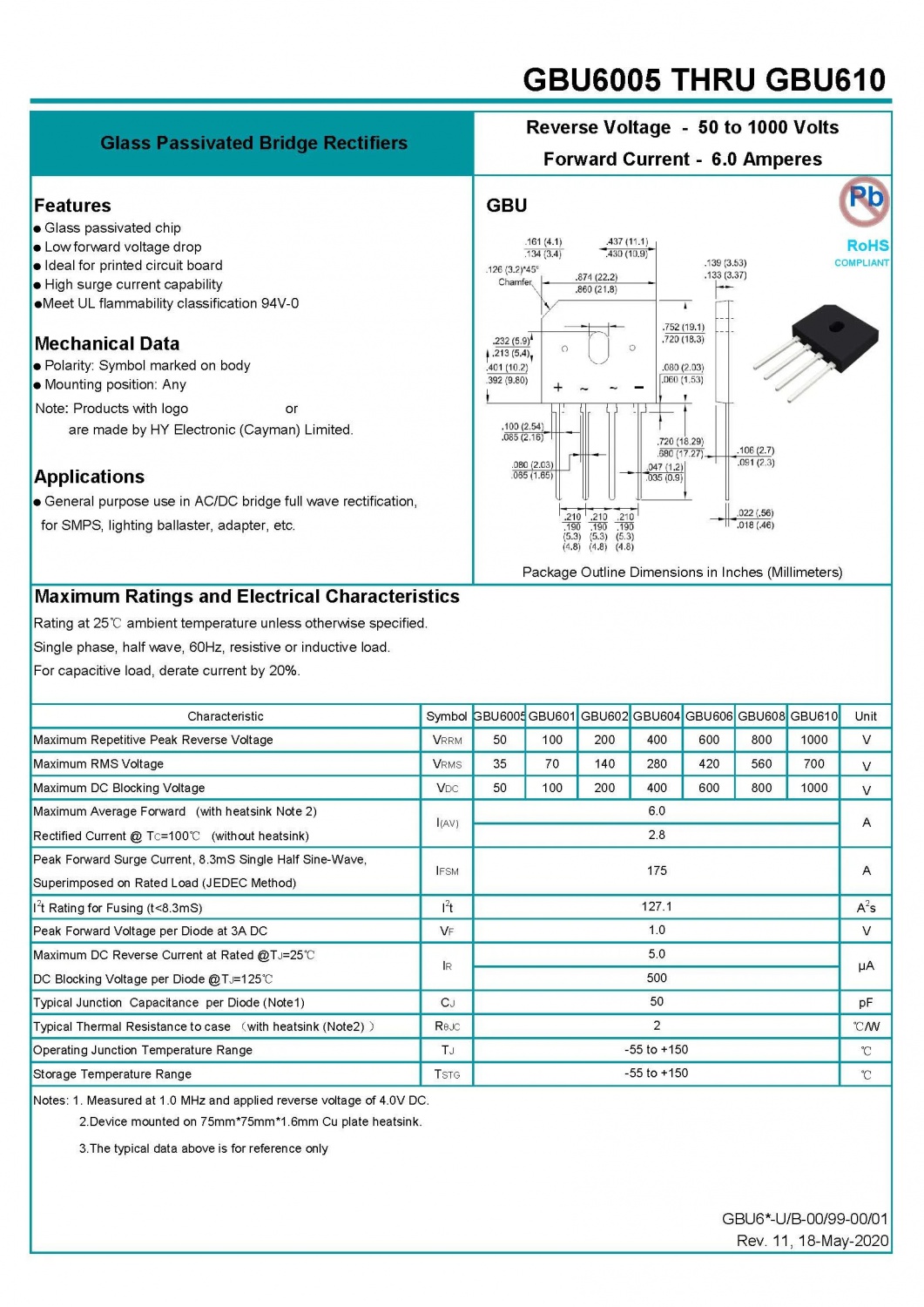 Glass Passivated Bridge Rectifiers 6A/1000V/ GBU610