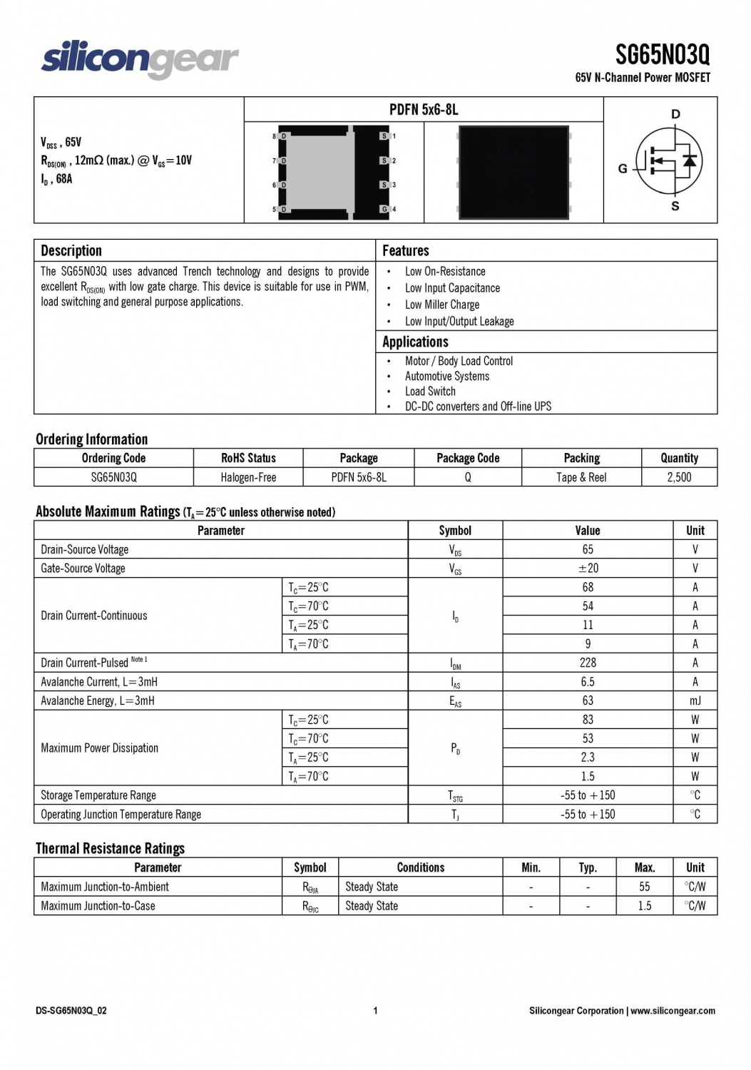 SG65N03Q PDFN 5x6-8L65V N-Channel Power MOSFET siliconegear