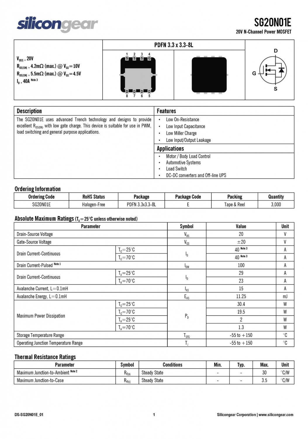 SG20N01E 20V N-Channel Power MOSFET silicongear