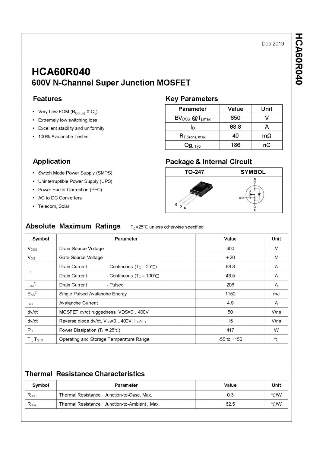 Hca60r040 to-247 Coolmos 600V 0.04Ω Super Junction Mosfet