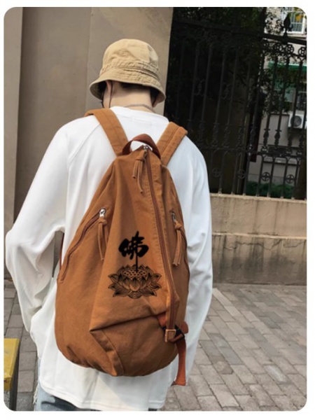 佛字莲花 三角帆布背包 可大可小 双肩包 咖色